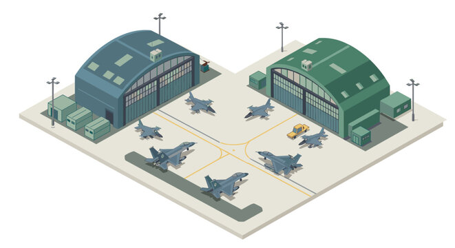 Isometric military hangar scene with fighter jets and equipment