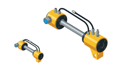 Fototapeta premium Isometric hydraulic cylinder illustration with yellow components and black hoses