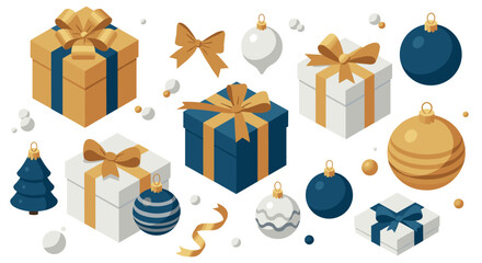 Festive holiday decorations with gift boxes and ornaments in isometric style