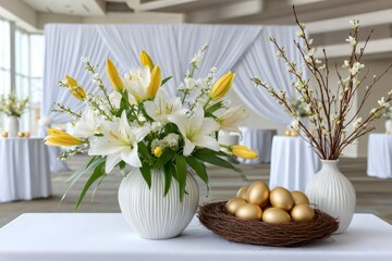 Easter celebration table decorating with lilies and golden eggs