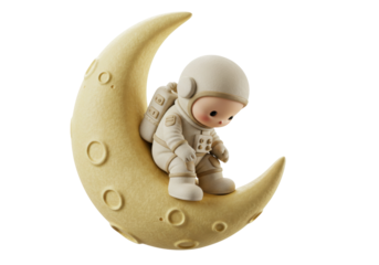 Cute astronaut sitting on a crescent moon isolated PNG, whimsical space explorer for children s designs and dreamy concepts