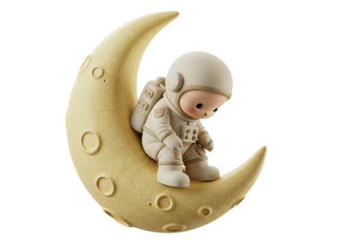 Cute astronaut sitting on a crescent moon isolated PNG, whimsical space explorer for children s designs and dreamy concepts