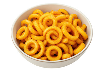 Golden curly fries in a bowl isolated, delicious snack food for fast food restaurants and catering services