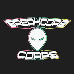 Futuristic Urban Style Bold Typography of 'Breakcore Corps' with Alien Head with Gradient Foil Sticker Mockup Design