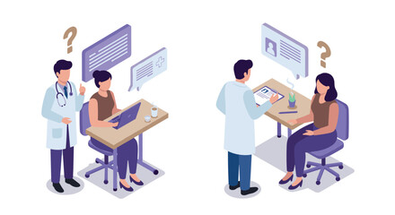 Healthcare consultation isometric scenes with doctor and patient interactions in office