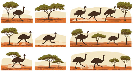 Silhouettes of running ostriches in arid savanna landscapes with acacia trees