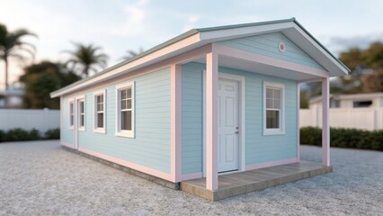 Accessory Dwelling Unit A pastel blue house with white trim and a front porch, set in a sunny outdoor environment.
