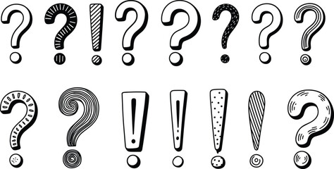 Collection of hand-drawn question marks and exclamation points symbols for design