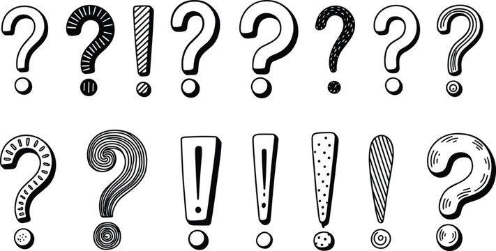 Collection of hand-drawn question marks and exclamation points symbols for design
