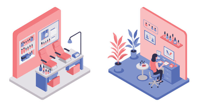 Modern isometric nail salon and home manicure setup with minimalist design