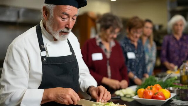 A focused chef meticulously prepares fresh vegetables in a professional kitchen setting, highlighting culinary skills and the dedication to quality in food preparation for culinary enthusiasts.
