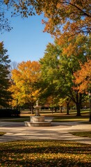 Autumn Serenity - A Fountain Amidst Colorful Trees.