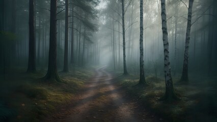 Obraz premium Serene forest trail with soft morning mist sunlight through tall pine trees and natural earthy textures landscape