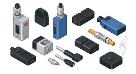 Variety of modern vaping devices and accessories in isometric style