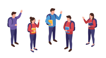 Fototapeta premium Group of diverse students interacting with books and backpacks in isometric style