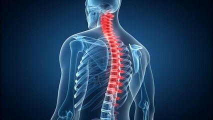 Human spine anatomy with glowing spinal cord illustration
