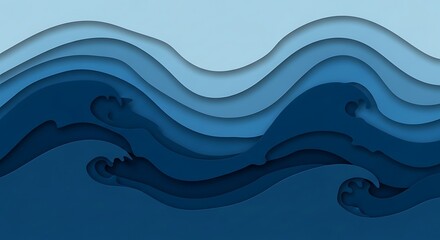 Abstract layered blue waves background depicting a serene ocean current; a tranquil graphic design representing aquatic motion and the calm beauty of water