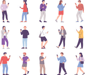 Fototapeta premium Diverse people of different ages and genders using smartphones in casual poses and colorful outfits