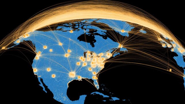 Global data connectivity network visualization across north america digital art space aerial view technology insights