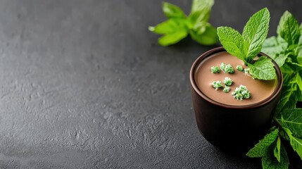 Chocolate Mint Pudding in Bowl with Fresh Mint Leaves and White Sprinkles on Dark Gray Background, Copy Space