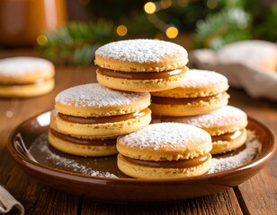 Tower Stacked Alfajores Dulce de Leche Cookies Powdered Sugar Coating Fir Branches Bokeh Lights Brown Plate Wooden Table Holiday Napkin