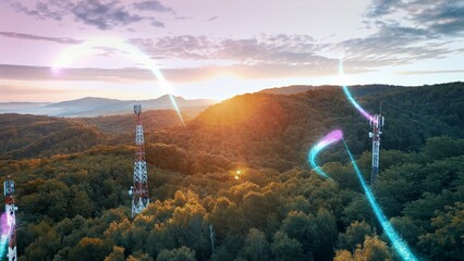Aerial view of three radio towers in lush green mountains with 3D digital graphic overlay showing signal network