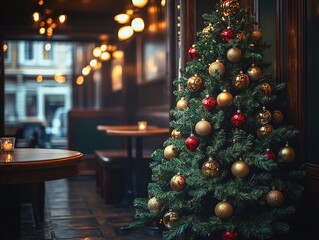 Christmas tree with gold red ornaments in English pub corner, beside vintage wooden tables, natural lighting highlighting textures, ideal for holiday marketing and social media.