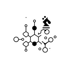 Abstract illustration of a molecular structure with a chess knight piece in black and white design