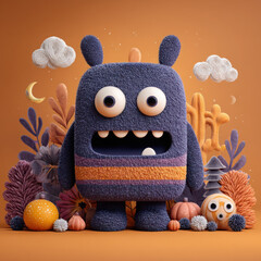 Furry purple monster with big eyes and orange stripes autumn