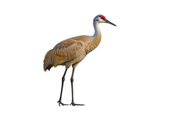 Obraz premium Isolated Sandhill Crane is seen standing in profile with a long neck and a red marking on its head