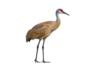 Isolated Sandhill Crane is seen standing in profile with a long neck and a red marking on its head