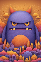 Giant purple monster with orange horns and cityscape below