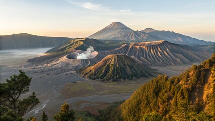 Wide Landscape of Mount Bromo Volcano in East Java Indonesia at Sunrise for Travel Concept