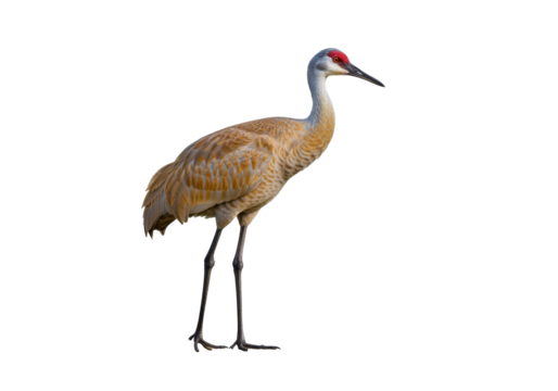 Isolated Sandhill Crane is seen standing in profile with a long neck and a red marking on its head