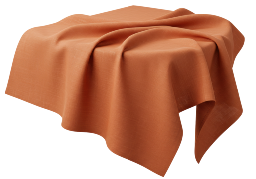 Draped terracotta linen fabric isolated, textured textile with folds and shadows for backgrounds and design elements