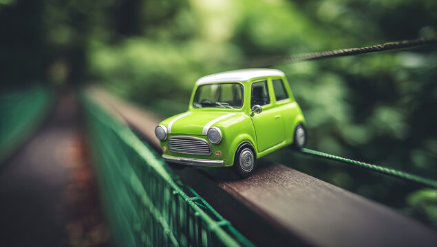 Lime green toy car balances on a bridge's wooden railing - Powered by Adobe