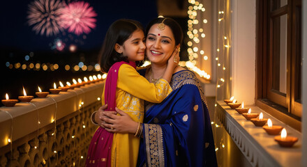 Indian mother and daughter embrace on a balcony at night, surrounded by festive lamps and fireworks, radiating Diwali