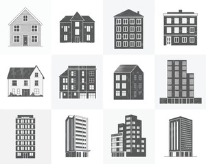 Collection of diverse architectural building illustrations in a grid layout