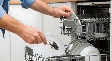 man loading dishwasher with plates and utensils