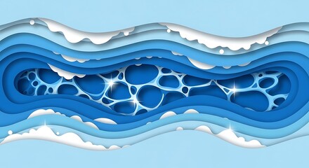 Dynamic paper cut ocean waves illustration with shimmering blue water layers, creating an abstract and serene aquatic background design