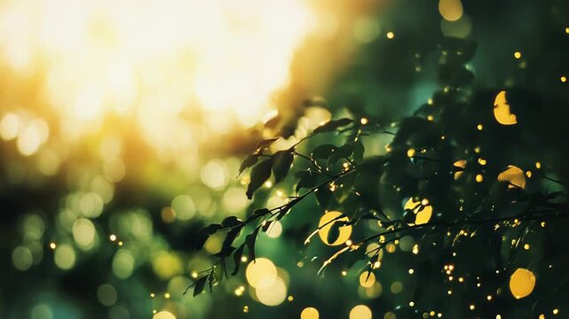 Golden hour sunlight shining on green leaves bokeh