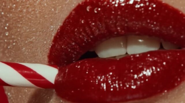 Close up of red lips showing texture and detail against skin