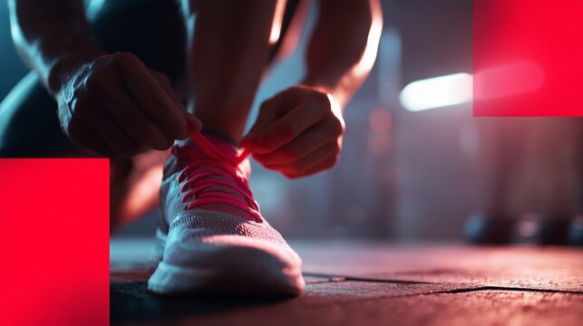 Runner prepares for workout by tying shoelaces in training space with dynamic lighting