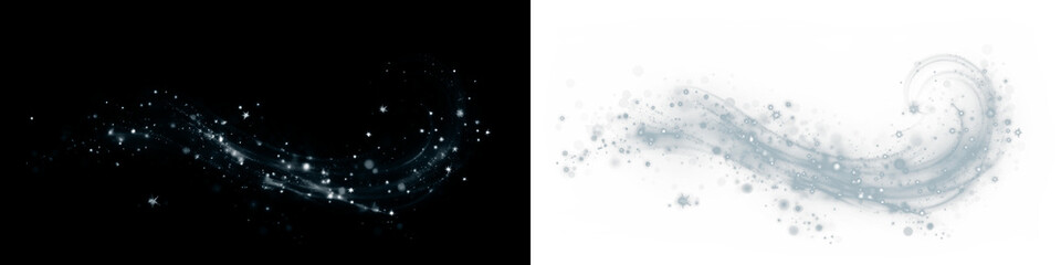 Obraz premium Abstract swirl design with sparkling particles on black and white backgrounds, creating a dynamic visual effect for artistic overlays and creative projects