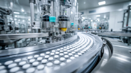 Pharmaceutical production line with pills on a conveyor belt.