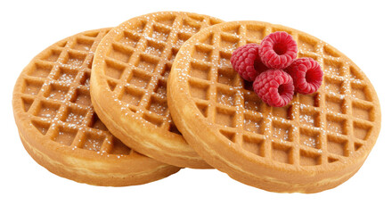 Stack of golden waffles with raspberries isolated on transparent PNG, delicious breakfast dessert with powdered sugar for food photography