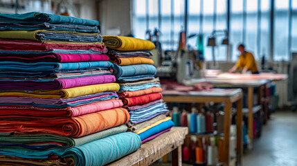 Colorful fabric stacks in a workshop with a person working in the background.