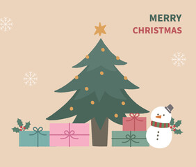 Christmas tree template with ornaments, gift boxes and snow man.