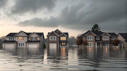 Suburban houses flooded by heavy rain and rising water
