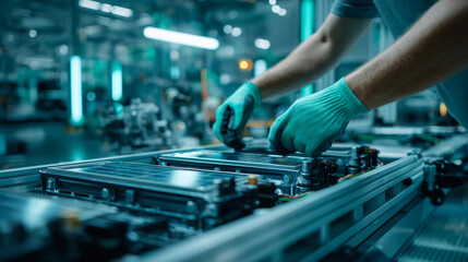 Technician assembling an EV battery pack in a modern factory setting.